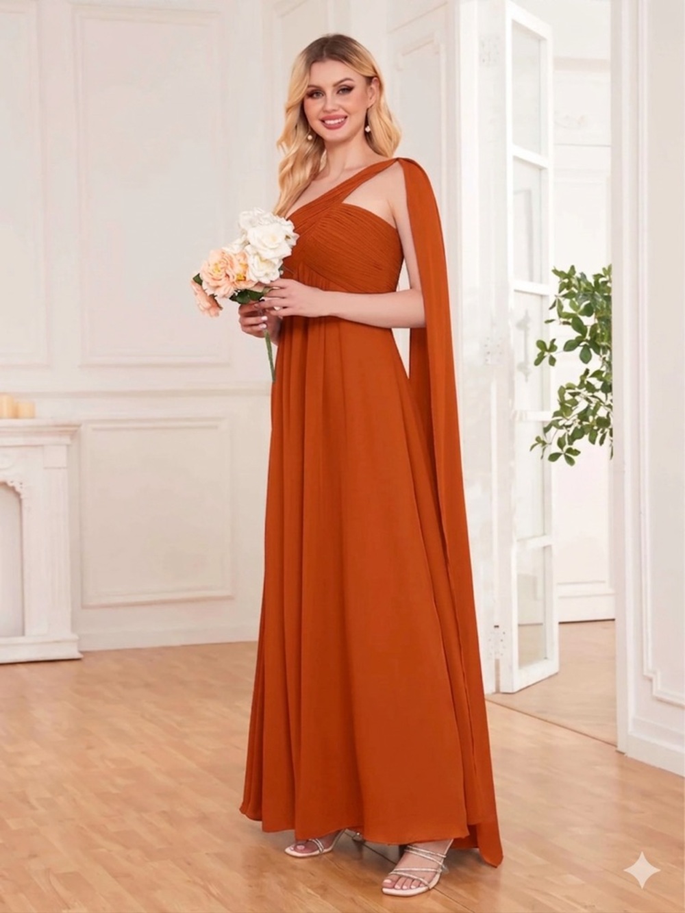 $89 NWOT Pomuyoo Ximena Unique Empire Flowing Straps Maxi Bridesmaid Dress 6